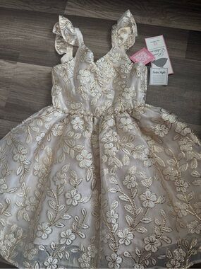 Rare Editions Cream and Gold Floral Embroidered Party Dress with Ruffled Straps
